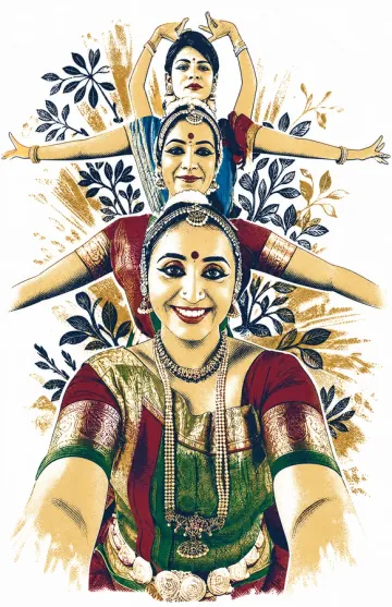 The same three dancers as an illustration, with gold and navy foliage behind them