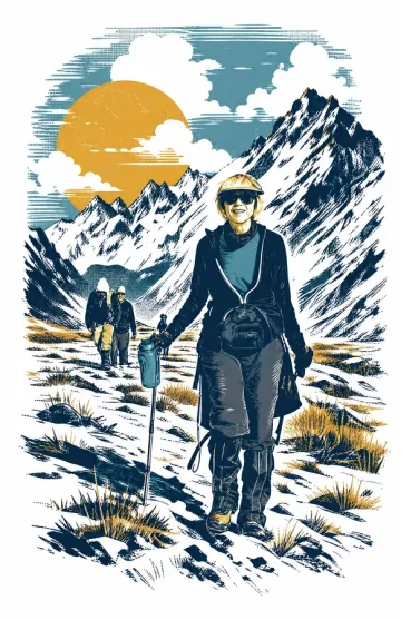 The same trekker as a screen print — navy line work, a gold sun and teal sky